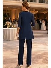 cheap Mom's Pant Suits-Pantsuit Ankle Length Mother of the Bride Dress Half Sleeve Crew Neck Elegant Vintage Formal Wedding Guest with Solid Color