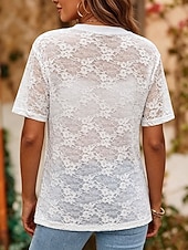  Mulheres Tops de renda Renda Com Transparência Floral Gráfico Elegante Moda Manga Curta Gola Redonda Tops regulares Casual Branco Preto Rosa Verão Primavera