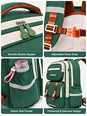cheap Kids &amp; Teen Backpacks-Kids School Backpack, Waterproof Polyester Large Capacity Bookbag with Multiple Compartments, Adjustable Straps, Breathable Back Panel, Reflective Safety, Green Beige for Boys and Girls Back to School
