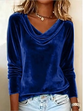 voordelige Effen t-shirt-Damesblouse van fluweel met colkraag en lange mouwen, elegante raglanmouwen, zachte velours, casual, chique tuniek.