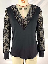  Dam Spets Splicing Top Blus Rynkad Spetskant Slät Elegant Vintage Stylish Långärmad V-hals Långa toppar Ledigt Dagligen Helgdag Svart Vin Marinblå Vinter
