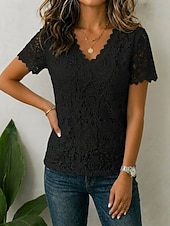  Women's Lace Tops Patchwork Eyelet Lace Trim Elegant Short Sleeve V Neck Casual Blue White Black Pink Red Summer Fall