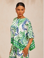 baratos camisas, tops e blusas-Top de cetim sedoso com estampa abstrata de flor em forma de sino