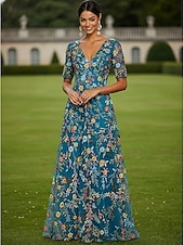 abordables Largo del piso-Corte A Vestidos Hasta el Suelo Vestido de Fiesta Vestido Cóctel Vestido de Madrina Media Manga Escote Elegante Vintage Lujoso Formal Invitado a la boda El derby de Kentucky Tul con Estampado flor