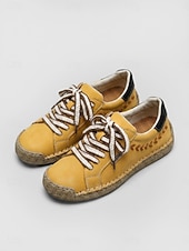 cheap Women's Sneakers-Women's Yellow Handcrafted Retro Casual Sneakers – Embroidery Lace-up Walking Shoes with Non-slip Sole for Travel, Outdoor Walking &amp; Everyday Wear