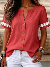  Damen Baumwoll-Leinen-Hemden Textur Kontrastspitze Spitze Vintage Kurzarm V Ausschnitt Normale Oberteile Lässig Koralle Rot Denim Blue Weiß Sommer Frühling