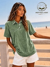  Per donna Maglia Henley Lavaggio acido Lavaggio vintage Tinta unica Elegante Vintage Moda Manica Corta Colletto a Camicia Top lunghi Casuale Spiaggia Blu Viola Verde Estate Primavera