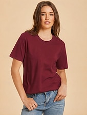 cheap Plain tee-Women's T Shirt Cotton Shirt Tee Top Solid Color Fashion Stylish Basic Short Sleeve Crew Neck Regular Tops Casual Daily Going out Blue Khaki Black White Yellow Summer Spring