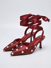 cheap 1950s Retro-Women's 1950s Vintage Polka Dot Kitten Heels - Burgundy Satin Pointed Toe Slingback Pumps with Ribbon Tie for Office, Party &amp; Dating
