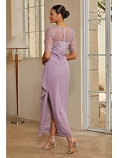 cheap Polished Edit-Women's Sheath Column Cocktail Dress Wedding Guest Dress Ankle Length V Neck Half Sleeve Illusion Sleeve Elegant Mother Of The Bride Semi Formal with Chiffon 3D Floral Mesh Slit Side Draping Lavender