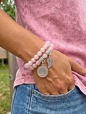 economico Bracciale da donna-Set di braccialetti da donna bohémien a strati con perline di pietra naturale, albero della vita e ciondoli a forma di foglia, gioielli da polso impilabili multicolore in 2 pezzi per l'uso quotidiano,