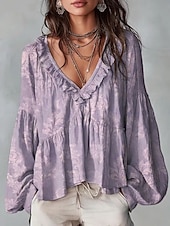 cheap Floral Blouses-Women's Shirt Tunic Ruffle Ombre Floral Graphic Elegant Bohemia Vacation Long Sleeve V Neck Long Tops Casual Daily Blue White Yellow Red Purple Summer Spring