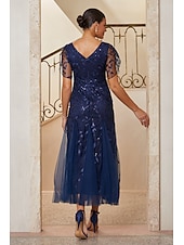  Women's Mermaid Trumpet Cocktail Dress Wedding Guest Dress Ankle Length V Neck Short Sleeve Petal Sleeve High Waist Vintage 1980s Mother Of The Bride Party with Mesh Lace Glitter Flared Tulle Hem