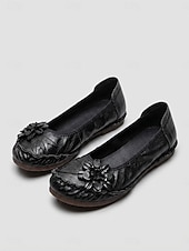 voordelige Platte damesschoenen-Dames ballerina's van premium rundleer in een brede pasvorm - handgemaakte comfortabele schoenen met 3D-bloemenapplicatie en gestikte afwerking, vintage instapschoenen voor casual gebruik, reizen en