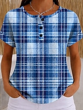 Mujer Camiseta Bloque de Color Estampado Graphic Geométrico Plaid Vintage Elegante Clásico Manga Corta Cuello Barco Tops largos Casual Diario Azul Piscina Rosa Naranja Verde Trébol Verano Primavera