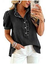 Damen Bluse Einfarbig Stilvoll Basic Lässig Kurzarm Stehkragen Lange Oberteile Lässig Täglich Blau Schwarz Dunkelblau Grau Sommer Frühling