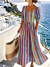 abordables Art &amp; Design Robes-Femmes Robe Midi Robe trapèze Vacances Occasionnel Plage Fête Coupe régulière Graphique Géométrique Manche Courte Col carré Bleu Vert Claire Vert Été Printemps
