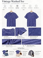 abordables Camiseta lisa-Camiseta softfade™ para mujer 100% algodón, estilo vintage, lavado ácido, liso, moda vintage, elegante, manga corta, cuello redondo, estilo casual, para el día a día, para salir, color azul.