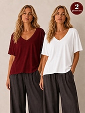 T-shirt da donna con scollo a U in cotone lyocell e canapa