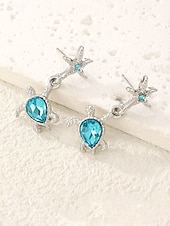 abordables Pendiente de mujer-Pendientes colgantes de tortuga marina para mujer, de aleación de plata, con estrella de mar y cristal azul, ideales para vacaciones, cruceros, resorts, fiestas de verano y bodas costeras.