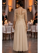 cheap Ankle Length-A-Line Ankle Length Mother of the Bride Dress 3/4 Length Sleeve V Neck Elegant Vintage Luxurious Formal Wedding Guest Wedding Party Chiffon Tulle with Beading Sequin Flower