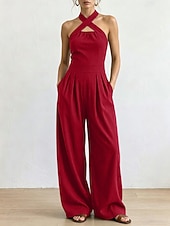 cheap Vacation Jumpsuit-Women's Jumpsuit Elegant Full Length High Waist Plain Inelastic Vacation Formal Black White Wine Navy Blue Summer Spring Regular Fit