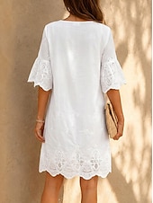 abordables White Lace Dresses-Women's Knee Length Dress Lace Dress White Dress Summer Dress Elegant Fashion Beach Vacation Holiday Regular Fit Plain Half Sleeve V Neck White Summer Spring