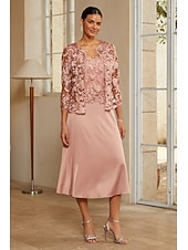 cheap Polished Edit-Women's A-Line 2-Piece Dress Sets Cocktail Dress Wedding Guest Dress Tea Length Crew Neck Sleeveless 3/4 Length Sleeve Illusion Sleeve Elegant Mother Of The Bride with Satin Lace Floral Combo Splicing