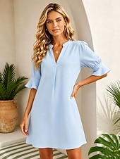 cheap Plain Dress-Women's Mini Dress A Line Dress Summer Dress Casual Regular Fit Plain Half Sleeve V Neck Blue Summer Spring