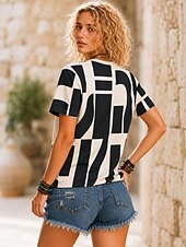 cheap Stripe&amp;Geometric tee-Women's T Shirt Print Graphic Geometric Tribal Fashion Stylish Classic Short Sleeve Crew Neck Round Neck Regular Tops Casual Daily Sports White Black Red Summer Spring