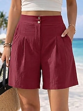 cheap Hot Shorts-Women's Chinos Shorts Vacation Vintage Fashion Short High Waist Plain Pleated Comfort Inelastic Vacation Formal Blue claret Red Walnut Depression Green Summer Spring Loose Fit
