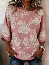 cheap Plain Blouses-Women's Blouse Print Floral Graphic Plants Bohemia Tropical Stylish 3/4 Length Sleeve Crew Neck Regular Tops Casual Daily Vacation Wear Black Pink Summer Spring