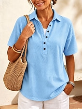 cheap Plain tee-Women's Waffle T-shirt Polo Henley Shirt Buttons Solid Color Plain Vintage Stylish Classic Short Sleeve Shirt Collar Long Tops Casual Daily Blue White Black Pink Red Summer Spring
