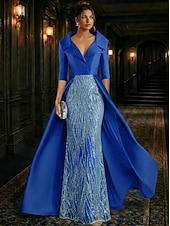 abordables Vestidos de gala-Corte A Hasta el Suelo Bordado con cuentas Vestido formal Vestido de madre de la novia Vestidos de noche Vestido de baile con sobrefalda Vestimenta formal Elegante Sedoso Manga 3/4 Cuello Camisero