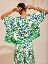 baratos camisas, tops e blusas-Top de cetim sedoso com estampa abstrata de flor em forma de sino