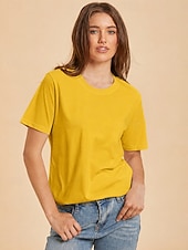 cheap Plain tee-Women's T Shirt Cotton Shirt Tee Top Solid Color Fashion Stylish Basic Short Sleeve Crew Neck Regular Tops Casual Daily Going out Blue Khaki Black White Yellow Summer Spring