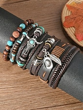 abordables Joyas para hombres-Conjunto de 6 pulseras boho de capas para hombre, con cuentas de madera. &amp;Pulseras de aleación con dije de cabeza de toro y pluma, joyería de estilo occidental para uso casual, viajes, festivales,