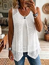 baratos Tanque Simples-Mulheres Malha Íntima Renda Tecido à moda Casual Sem Manga Gola Redonda Tops regulares Casual Diário Branco Rosa Rosa empoeirada Verão Primavera
