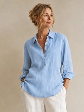 economico Collezione di Lino Premium-Camicetta da donna 100% lino europeo a maniche lunghe, scollo a V, colletto, tinta unita, elegante casual, blu, bianco, giallo