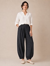 ieftine Colecția Premium de In-pantaloni de vară din in pentru femei, talie medie, lungime completă, buzunar, talie elastică, culoare vară, alb, negru, bleumarin închis, kaki, toamnă