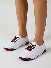 abordables Ténis de mulher-Women's White Lace-up Canvas Sneakers – Lightweight Casual Walking Shoes with Non-Slip Flexible Sole for School, Travel and Everyday Wear
