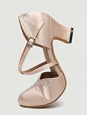 abordables Ballroom Shoes &amp; Modern Dance Shoes-Women's Light Pink Rhinestone Satin Ballroom Dance Shoes – Closed Toe Dance Heels with Crystal Accents &amp; with Cross Straps for Waltz, Foxtrot, Tango &amp; Social Dancing
