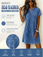 cheap Plain Dress-Women's 100% Cotton T Shirt Dress Washed Dress Loose Fit Plain Short Sleeve Crew Neck Knee Length Dress