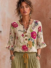 baratos Blusas Florais-Mulheres Camisa Social Patchwork Botões Imprimir Floral Gráfico Vintage à moda Manga Curta Manga 3/4 Decote V Tops regulares Casual Diário Feriado Azul Branco Rosa Verão Primavera