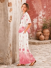  Mujer Camisa Conjuntos de lino y algodón Conjuntos de pantalones Manga Corta Escote en Pico Floral Graphic Geométrico Estampado Vacaciones Moda Ropa de calle Casual Diario Exterior Blanco Rosa