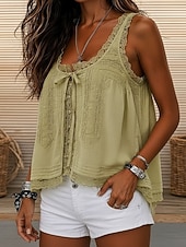 cheap Lace Tops-Women's Lace Splicing Top Cami Top Jacquard Tie Front Lace Trim Elegant Bohemia Active Sleeveless Crew Neck Square Neck Scoop Neck Long Tops Casual Red Dark Green Green Apricot Summer Spring Fall