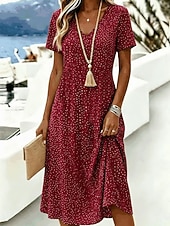  Femmes Robe Longueur Genou Robe T-Shirt Robe trapèze Vacances Occasionnel Boho Plage Coupe régulière Graphique À pois Manche Courte Col en V Bleu Rouge Vert Été Printemps