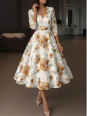 cheap Cocktail Dresses-A-Line Ankle Length Tea Length Formal Dresses Cocktail Dresses Elegant 3/4 Length Sleeve V Neck Wedding Formal Organza Jacquard with Floral Print