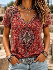 economico Boho t-shirt-Women's T Shirt Print Graphic Paisley Stylish Classic Casual Short Sleeve V Neck Regular Tops Casual Daily Blue Red Orange Summer Spring