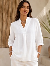  Women's Linen Shirts Blouse Solid Color Vintage Stylish Classic 3/4 Length Sleeve Henry Collar Regular Tops Casual Daily Office White Summer Spring